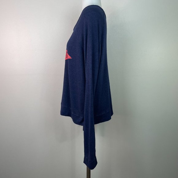 Sundry Top 2 Medium Navy Blue Red Flag Graphic Long Sleeve Shirt Cropped Women's - Picture 6 of 14